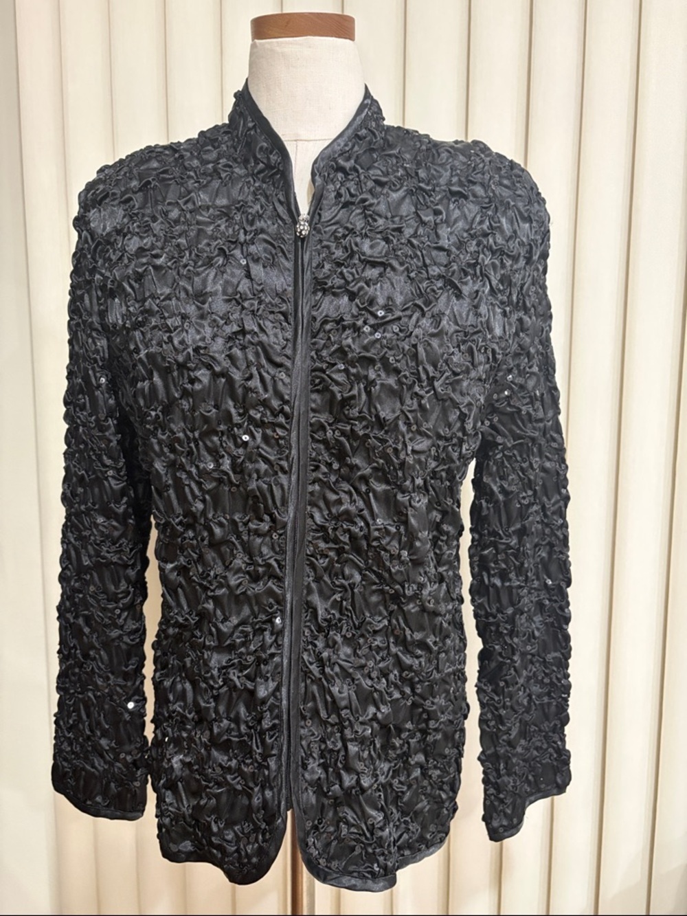 JBS vintage pucker Black satin Zip-Front Jacket Women sequins size XL evening